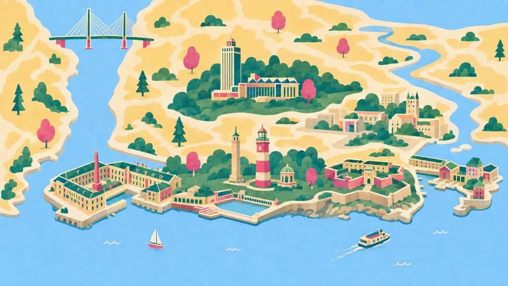 Illustrated map of Plymouth’s waterfront and city landmarks.